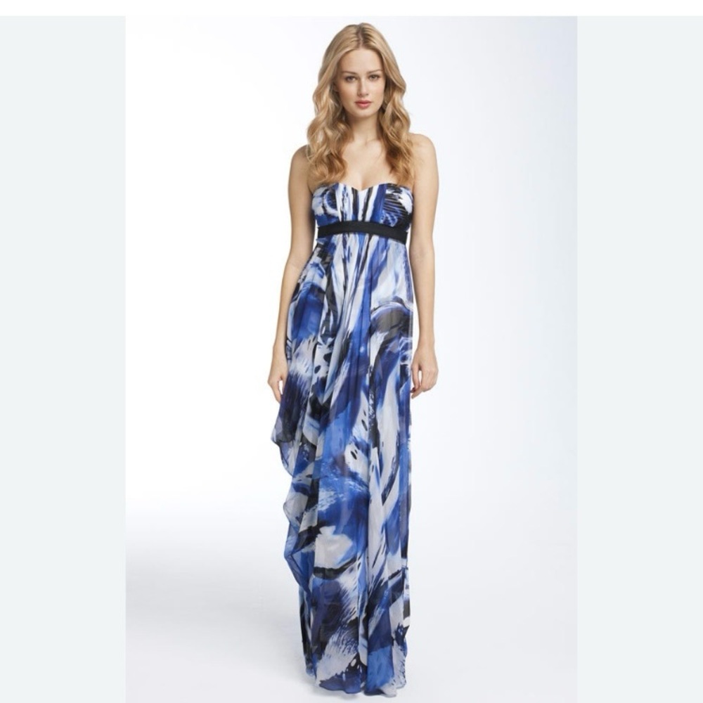 BCBGMaxAzria Strapless Cobalt Blue & Black Watercolor Print Formal Dress Size 6